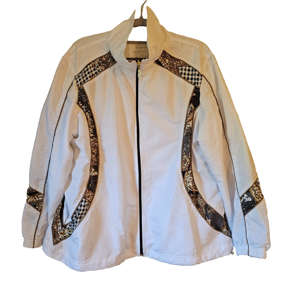 Vtg Three Hearts Windbreaker Jacket Gold Baroque Houndstooth Zip Up Women XL